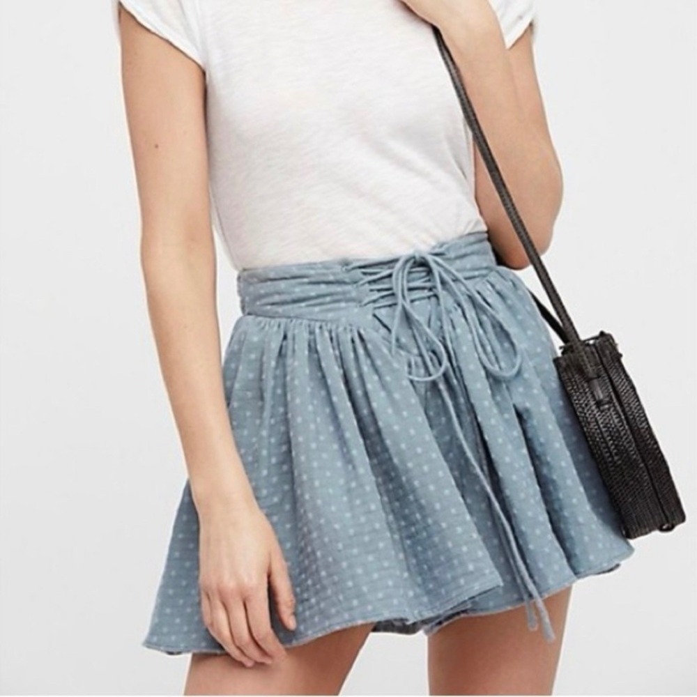 Free People Gauze Skirt Smocked Waist Drawstring Polka Dot Blue XS - Picture 2 of 10